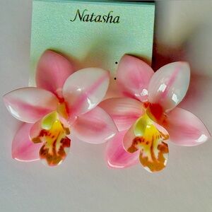 Natasha Couture Acrylic Large Pink Orchid Studded Earrings